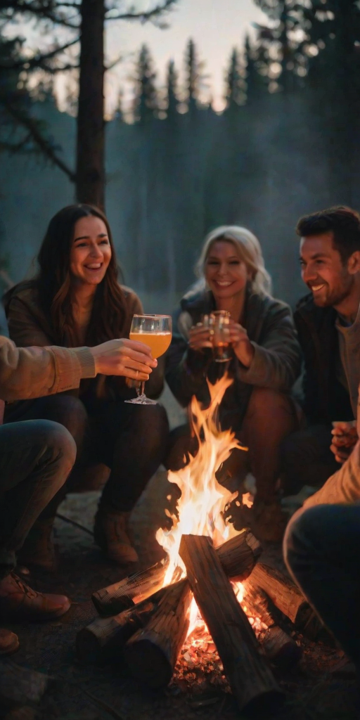 Blurry, candid photo of friends toasting with drinks around a dimly lit campfire, soft glow from the flames illuminating their faces, with distant laughter filling the night air.