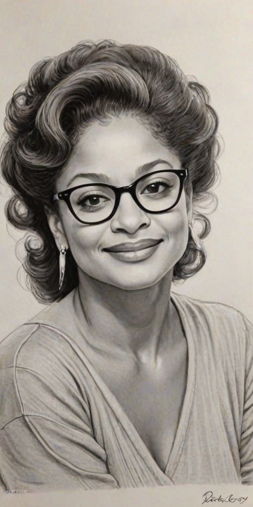 Delightful Debbie Allen, pencil sketch, portrait of Pleasing woman 1943s in glasses, hair style beatnik, outline, clear lines, fine lines, 8k
