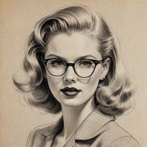 Stunning Claudia Lee, pencil sketch, portrait of Bewitching woman 1937s in glasses, hair style beatnik, outline, clear lines, fine lines, 8k