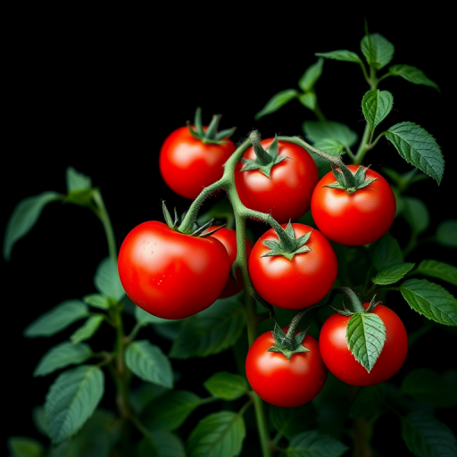 Create an illustration of vibrant red tomatoes growing on lush green plants against a black background, using a DSLR camera with a 50mm lens, f/2.8 aperture, ISO 100, and a shallow depth of field for enhanced focus and clarity.