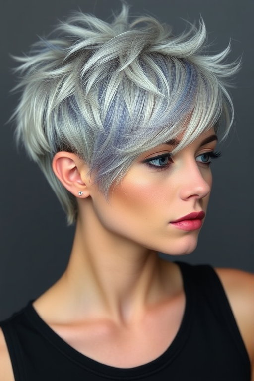 Striking silver fox pixie cut with choppy layers and a dramatic swept-back fringe, featuring metallic blue streaks named "Moonlight Serenade" radiating wisdom and grace