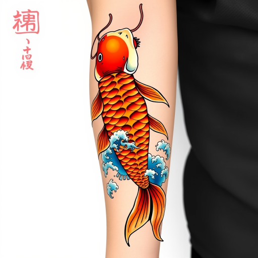 Japanese-style koi fish swimming up arm, transforming into dragon at shoulder, vibrant oranges and reds with blue wave accents