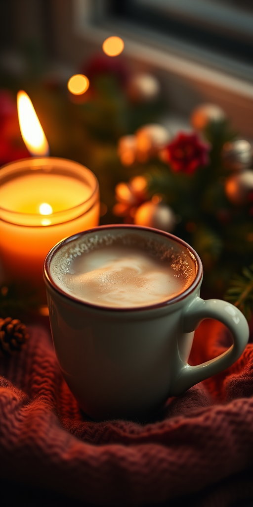 a cozy, close-up shot of a coffee cup filled with frothy coffee, surrounded by a softly glowing candle and festive decorations, captured with a Canon EOS R, 50mm lens, f/1.8 aperture, ISO 200, natural lighting for a warm, inviting feel
