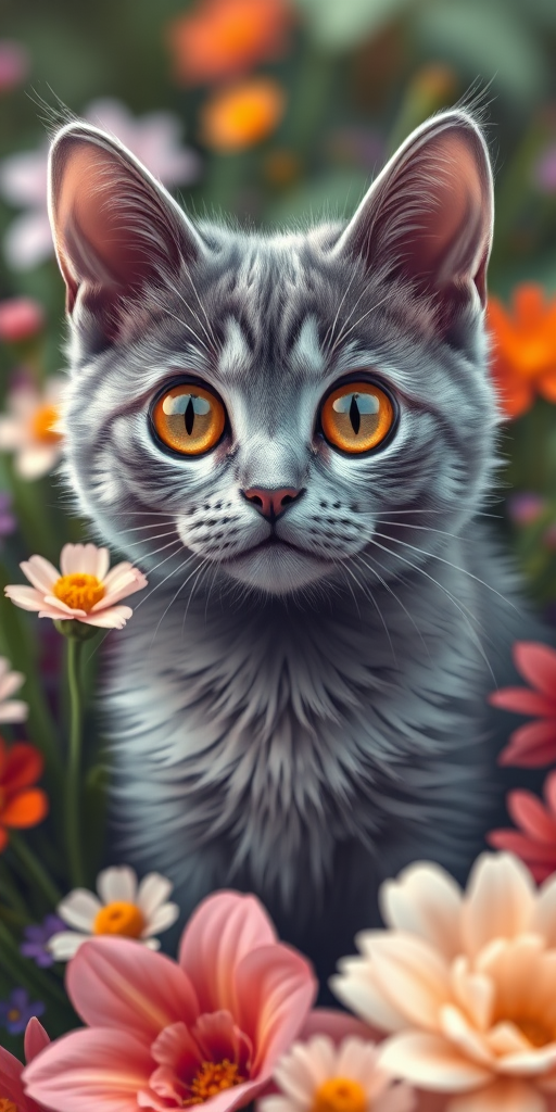 Create a highly detailed illustration of a gray cat with large expressive eyes surrounded by vibrant flowers, use a Canon EOS R5 camera with a 50mm lens, settings at f/1.8, ISO 100, and a soft focus background to enhance depth and clarity.