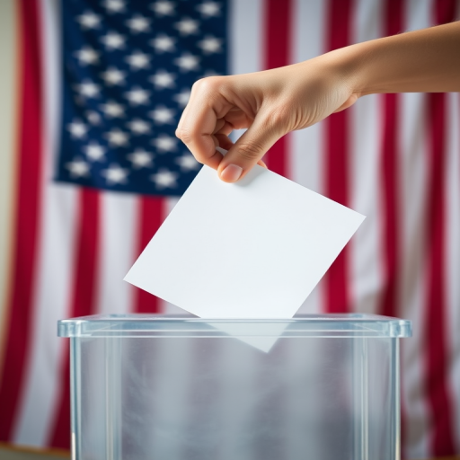 A hand dropping a ballot into a transparent ballot box in front of a large American flag, bright colors, high detail, shot with a DSLR camera at f/8 aperture, ISO 100, 50mm lens, natural lighting, eye-level view.