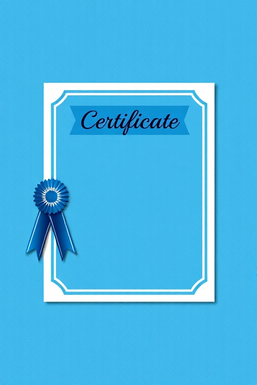 Create a decorative certificate design featuring a solid blue background with a textured pattern, a white border, and a blue ribbon with a starburst shape on the left side, captured using a DSLR camera at f/8, ISO 100, 50mm lens, in natural light for enhanced clarity and detail.