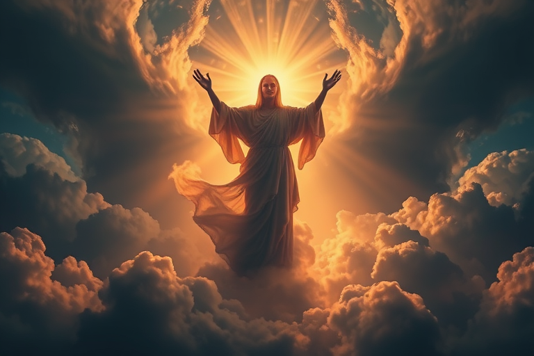 Create a powerful divine figure emerging from swirling clouds, dramatic lighting, high contrast, shot with a Canon EOS R5, 24mm lens, f/2.8 aperture, ISO 100, at sunset to enhance colors and textures.