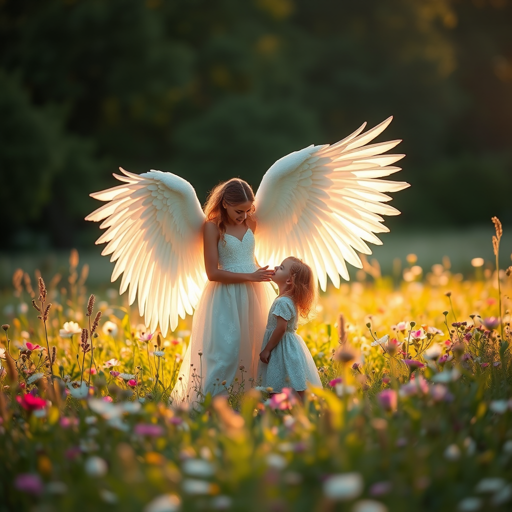 Create a serene scene of a celestial being with large, radiant wings interacting gently with a young girl in a lush, flower-filled meadow, with soft golden light illuminating the background, captured with a Canon EOS R5, 85mm lens, f/1.8, ISO 100, and a shallow depth of field for a dreamy effect.