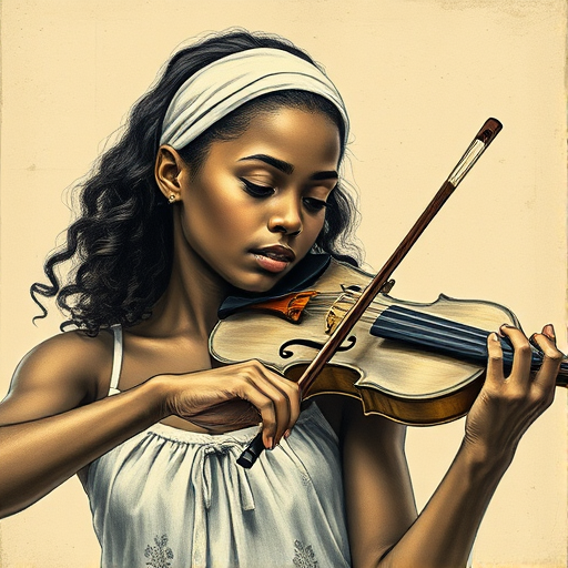 a young African American woman with a white headband playing a violin, in the style of a charcoal drawing, sepia grunge background