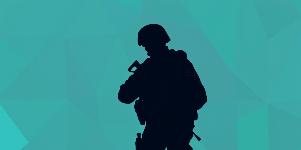 Create a digital illustration of a soldier in a dark uniform holding a rifle, using a geometric background with shades of turquoise and green, captured with a Canon EOS R5 at f/2.8, 1/200s, ISO 100 in a wide-angle view to emphasize the figure's silhouette against the vibrant backdrop.