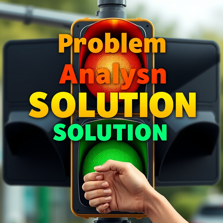 illustration of a traffic light with green, yellow, and red lights above the words Problem, Analysis, Solution in bold colorful fonts, two hands shaking below the traffic light, high-resolution digital art style, 300 dpi, 50mm lens, f/8 aperture, soft focus background, vibrant colors