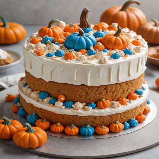Generate an image of a round cake with a smooth white frosting finish. The top of the cake is decorated with colorful meringue pumpkins in shades of orange and blue, along with small decorative elements. The bottom of the cake features a crumbly texture, resembling crushed cookies or graham crackers. Surround the cake with small decorative pumpkins in various colors and patterns. The setting should be warm and autumnal.
