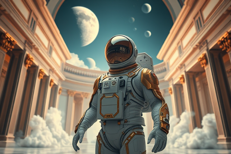 A futuristic astronaut in an ornate space suit with gold accents standing in a grand architectural setting surrounded by clouds and planets, shot with a Canon EOS R5, 50mm f/1.2 lens, aperture f/1.8, ISO 100, 1/200 sec, using soft lighting and a low-angle view for enhanced dramatic effect.