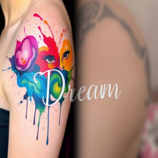 Watercolor splash tattoo named "Liquid Dreams" with vibrant abstract paint splatters and drips in a rainbow of colors blending seamlessly with delicate linework silhouettes
