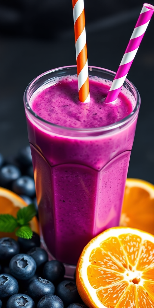 highly detailed close-up of a vibrant purple smoothie in a clear cup with a straw, surrounded by fresh blueberries and citrus fruits, soft natural lighting, aperture f/2.8, shutter speed 1/60s, ISO 200, DSLR camera