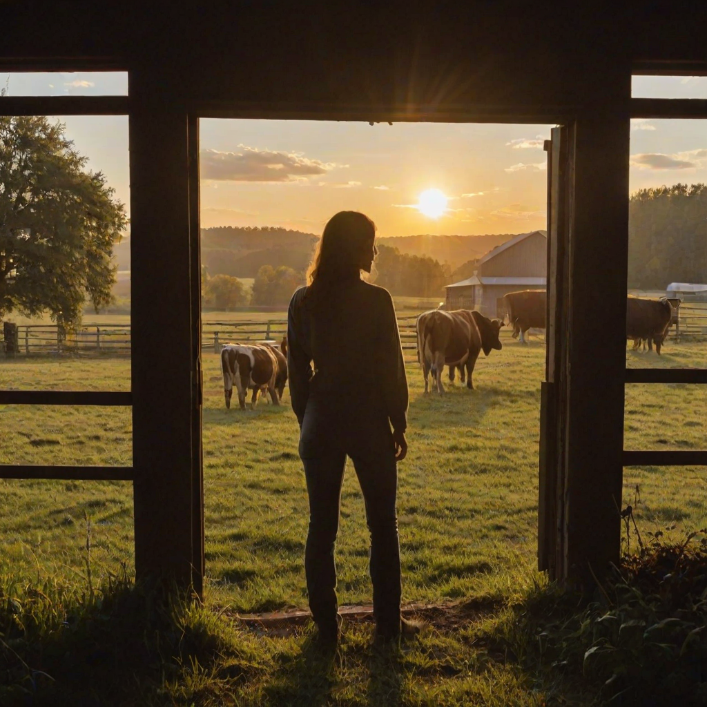 Sunset on a rural farm, the silhouette of a woman standing in a barn doorway, the golden light streaming in as she looks out over a field of grazing cows.