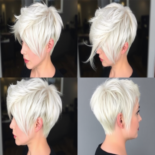 Striking platinum blonde pixie cut named "Frost Whisper" with textured layers, icy white highlights throughout, asymmetrical bangs swept to one side, short tapered nape, choppy crown for added dimension, edgy yet sophisticated appearance