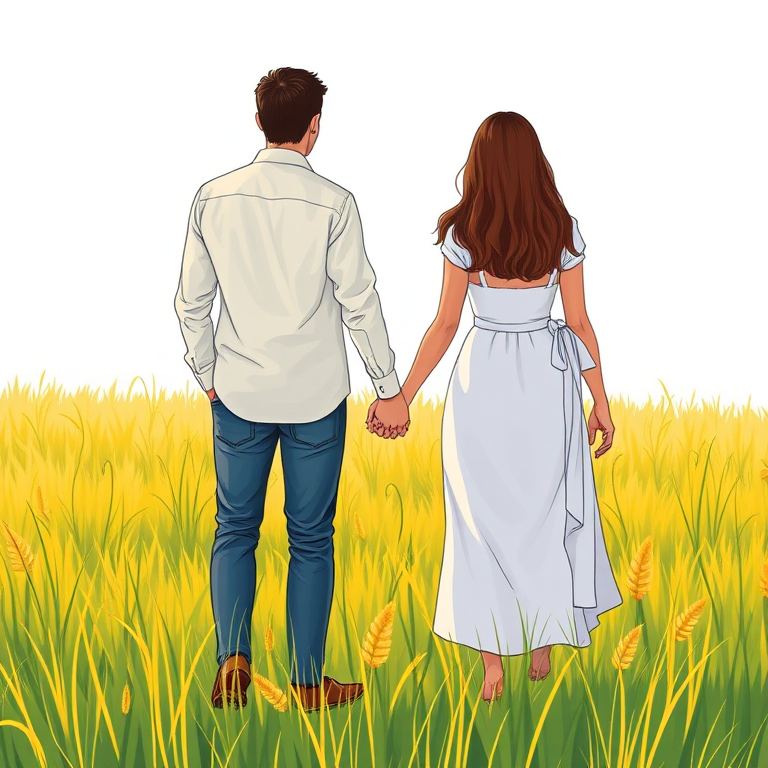 Create a detailed illustration of two couples holding hands, one on each side but facing away from us, set in a grassy field, with vibrant colors and clean lines, captured with a DSLR camera at f/4 aperture, 50mm lens, ISO 100, natural lighting for enhanced clarity and depth.