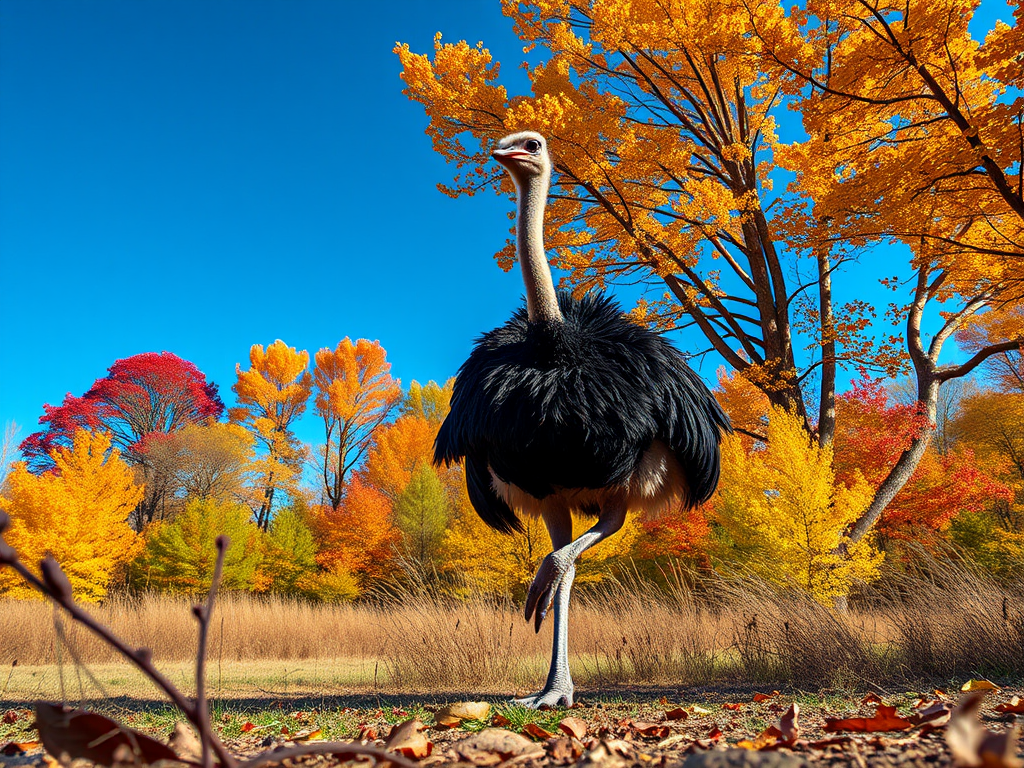 A tall ostrich walking through a colorful autumn landscape with vibrant trees and a blue sky, captured with a Canon EOS R5, 50mm lens, f/2.8 aperture, ISO 100, natural lighting, low angle view for enhanced perspective, vibrant colors and sharp details.