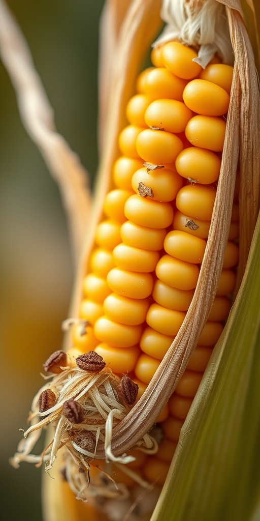 macro shot of a single corn ear with dried leaves and silk, shallow depth of field, natural light, f/2.8 aperture, ISO 100, 50mm lens, DSLR camera, soft focus background for enhanced detail and vibrancy in colors.
