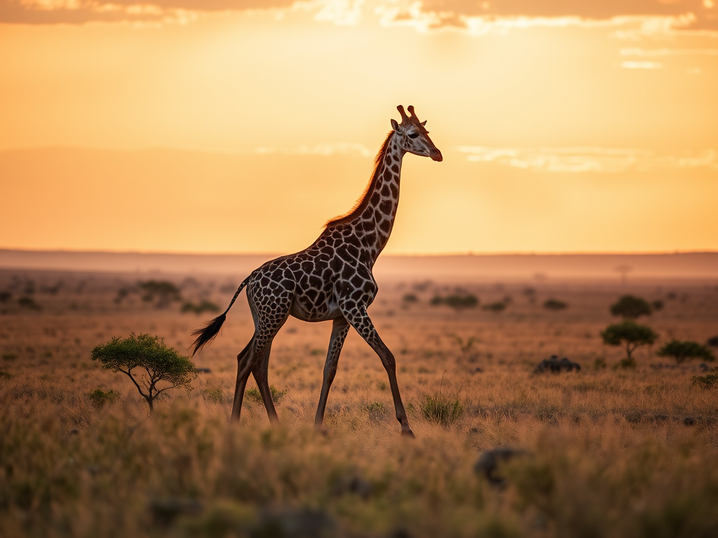 giraffe walking in an open savanna landscape during golden hour with sharp focus, aperture f/5.6, shutter speed 1/500s, ISO 100, 85mm lens, DSLR camera, landscape view