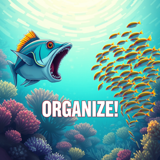 Create a vibrant illustration of two predator fish on the left side facing a school of smaller fish on the right side, include the word "ORGANIZE!" in bold letters centered below the fish, set in a bright underwater scene, camera type DSLR, camera style digital illustration, camera view wide-angle, settings f/8, ISO 100, shutter speed 1/250 sec.