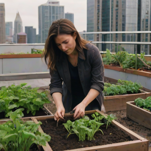 Quiet urban rooftop garden, skyscrapers in the distance, a woman tends to a small vegetable patch, her hands dirty with soil as she hums to herself.