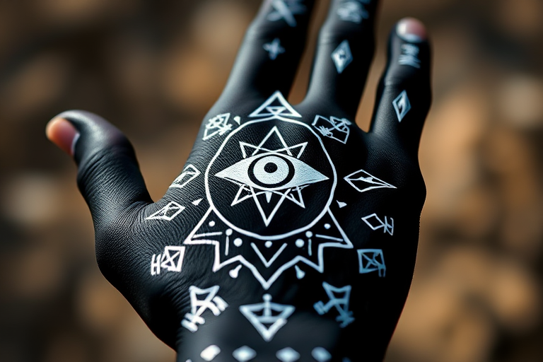 Create a highly detailed illustration of a black hand with white mystical symbols, including an eye, triangles, and other geometric patterns, using a macro lens with a shallow depth of field, focused on the hand, in bright, natural lighting, shot with a DSLR camera at f/2.8, ISO 100, 1/200s shutter speed.