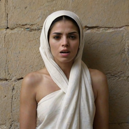 Create a close-up photographic image of a Assyrian woman with light skin tones shown against an old, worn wall. Their head is wrapped in a white cloth covering (i.e.... parts of the head except the nose and mouth, which are open as if they are screaming...), with a slight texture and visible folds in the fabric. Thin strands of blonde hair escape from the wrapping above, falling lightly at the top and sides. Their hands hold the fabric as if they are tugging nervously. The lighting is dramatic and even, casting strong shadows. The image has a minimalist and surreal style with an emphasis on simplicity with soft color tones. The composition is centered.