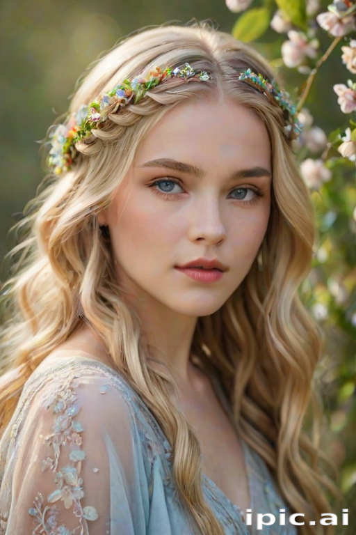 Create an image of a young woman with long, wavy blonde hair, adorned with small, colorful flowers woven into her braids and loose strands. Her complexion is fair, with soft, glowing skin, and she has light blue eyes that gaze softly at the viewer. She wears a light, flowing dress with a gentle, ethereal quality, complementing her delicate and serene appearance. The background is slightly blurred, drawing focus to her tranquil expression and the intricate details of the flowers in her hair. The overall mood of the image is one of natural beauty and grace, evoking a sense of peacefulness and connection with nature.