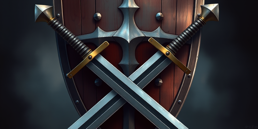 Create a detailed illustration of a medieval shield with two crossed swords in front, utilizing a high-resolution digital painting style, with soft lighting and a slight metallic sheen, captured with a DSLR camera at f/8 aperture, 50mm lens, and in a studio setting for enhanced clarity and depth.