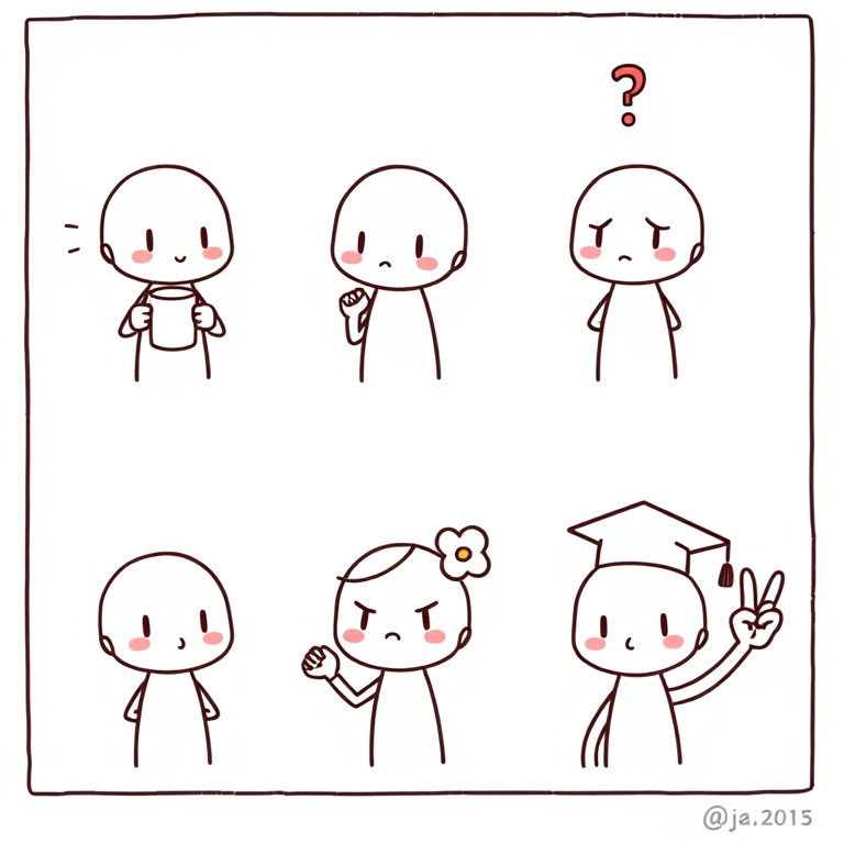 Create a six-panel comic featuring a simple cartoon character with a smooth head and minimal facial features. In the first panel, the character is holding a mug and looking thoughtful. In the second panel, the character has a confused expression with a question mark above its head. The third panel shows the character with a serious expression and a raised fist. In the fourth panel, the character is holding a ring and looking determined. The fifth panel features the character with a flower in its hair and a heart gesture. In the sixth panel, the character is wearing a graduation cap and making a peace sign. The style should be minimalistic and playful.