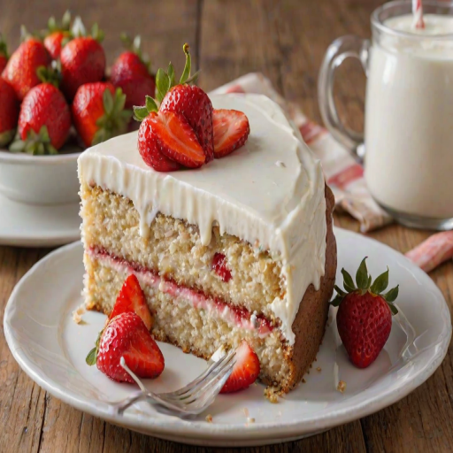 Generate an image of a slice of cake with a light frosting topped with fresh strawberries. The cake should have a moist, textured appearance, with visible bits of nuts in the batter. The background should be simple and neutral to highlight the cake.