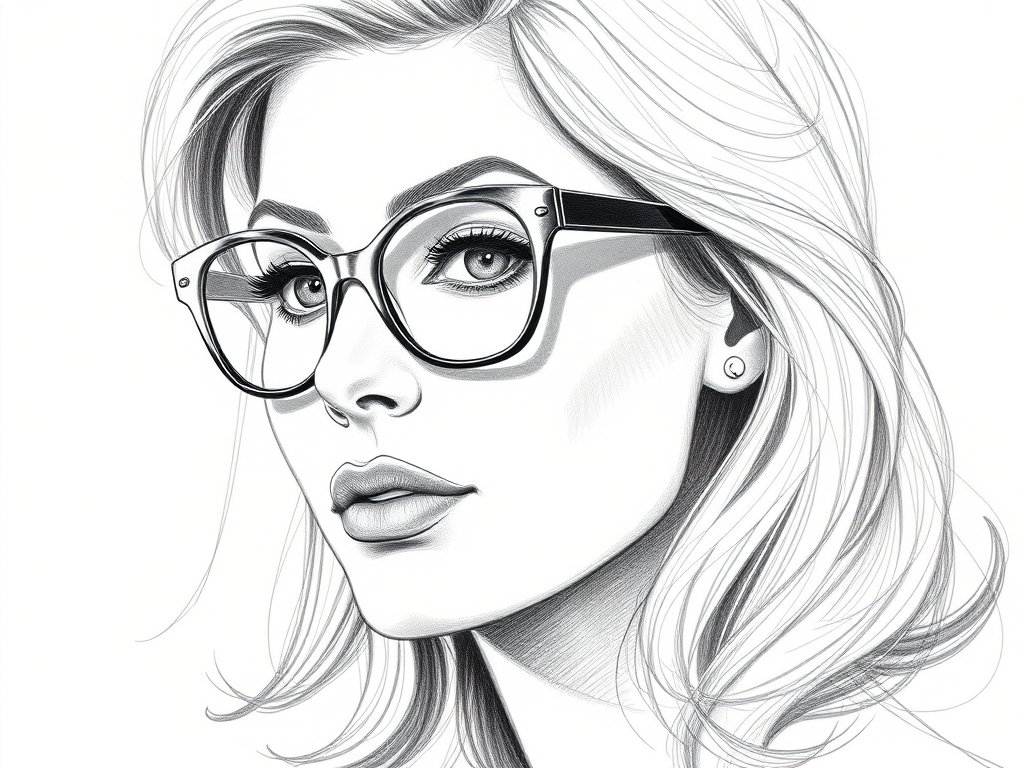 Beautiful Sophia Loren, pencil sketch, portrait of beautiful woman 60s in glasses, hair style beatnik, outline, clear lines, fine lines, 8k