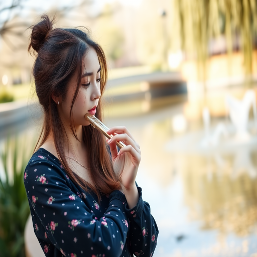 Capture a vibrant outdoor scene of a young woman playing the flute by a serene pond, using a DSLR camera with a 50mm lens, aperture set to f/2.8 for a shallow depth of field, ISO 200 for crisp detail, and a soft focus background to enhance the music's emotional feel.