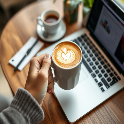 A cozy workspace featuring a person's hand holding a white coffee mug filled with latte art while resting on a laptop, shot from a high angle with a 50mm lens, aperture set to f/1.8, ISO 200, natural light, shallow depth of field to enhance the soft bokeh effect in the background.