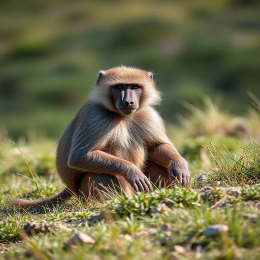 Capture a high-resolution image of a baboon sitting on grassy terrain, with a shallow depth of field, using a Canon EOS R5 with a 85mm f/1.4 lens at ISO 100, aperture f/2.8, and a shutter speed of 1/500s, in natural light.