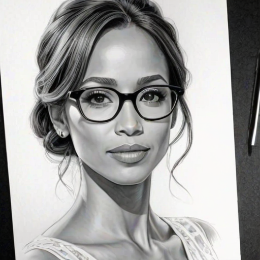 Resplendent Dania Ramirez, pencil sketch, portrait of Pleasing woman 1966s in glasses, hair style beatnik, outline, clear lines, fine lines, 8k