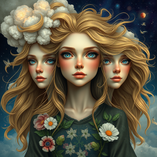 Create a series of imaginative portraits where each subject is infused with elements of fantasy and nature. The hair of the individuals should flow like clouds, varying from soft, fluffy cumulus to wispy cirrus strands, with hints of color reflecting a sunset or a clear blue sky. The eyes should be windows to entire galaxies, with stars, nebulae, and distant planets visible within them. Clothing should be adorned with nature motifs, such as floral patterns that bloom and change, vines that seem to grow and wrap around, or feathers that shimmer with iridescence. Each portrait should capture a unique personality, blending human features with the ethereal beauty of the natural and cosmic world. The backgrounds can vary, from starry night skies to enchanted forests, adding depth and context to the magical realism of the portraits