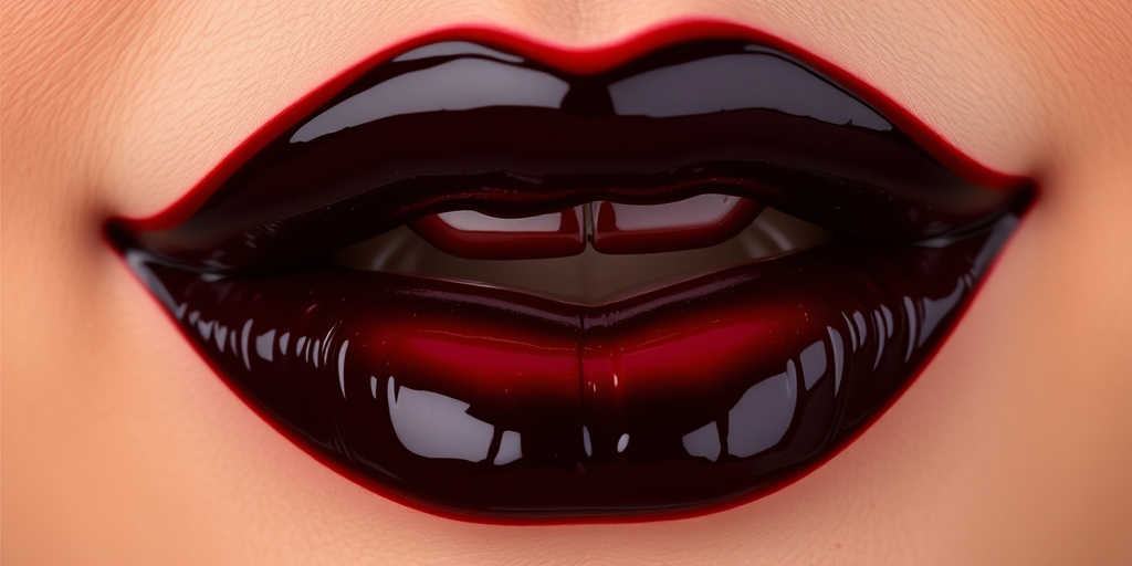 Striking black cherry lips boast a glossy vinyl finish, exuding mystery and allure with their deep, rich color and reflective surface