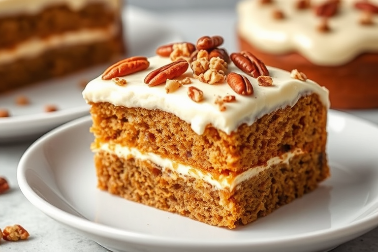 A close-up view of a slice of moist carrot cake with cream cheese frosting topped with crushed pecans on a white plate, showcasing the layered texture of the cake and frosting. The background is softly blurred with more cake visible, creating a warm and inviting dessert scene.