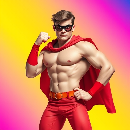 Create a vibrant superhero character with a red cape and muscular build, dynamic pose, colorful gradient background, 50mm lens, f/2.8 aperture, ISO 100, shot in bright daylight with a focus on the character's expression.