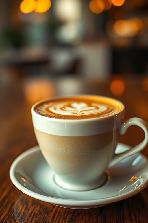 A close-up view of a beautifully crafted latte in a ceramic cup on a saucer, warm lighting, shallow depth of field, 50mm lens, f/1.8, ISO 100, soft focus background, vibrant colors.
