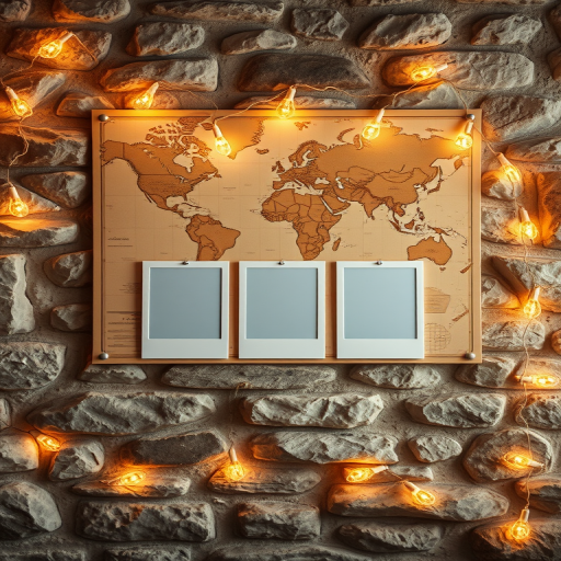 Create a cozy, warm-toned image of a rustic stone wall adorned with a vintage map, featuring three empty polaroid frames in the center, surrounded by soft, glowing fairy lights, captured with a DSLR camera at 50mm focal length, f/1.8 aperture, ISO 200, and natural lighting for a dreamy effect.