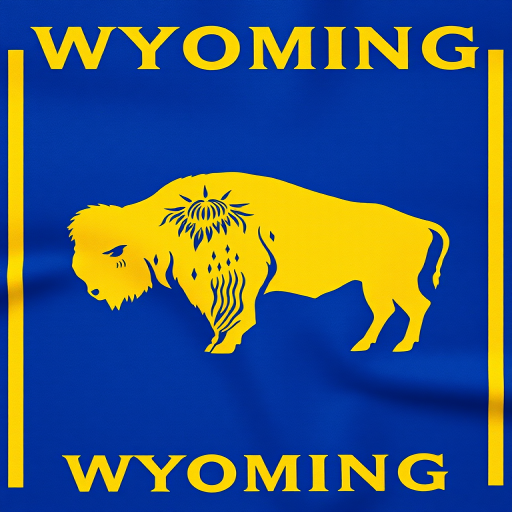 Create an image of the Wyoming state flag featuring a bison silhouette and the state seal, shot with a Canon EOS R5 at 50mm, f/8, ISO 100, natural light for enhanced clarity and color vibrancy.