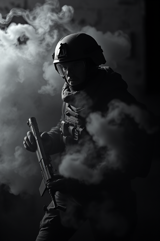 Create a high-contrast, moody image of a soldier in a tactical stance, surrounded by swirling smoke, shot with a Canon EOS 5D Mark IV at f/2.8, ISO 200, 1/125s, using a shallow depth of field and a dramatic side lighting effect to enhance the atmosphere.