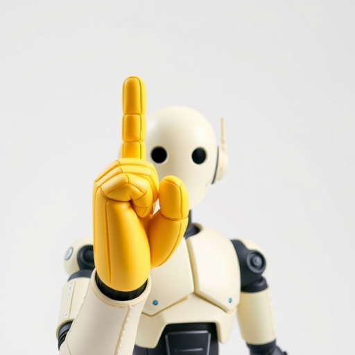 Create an image of a 3D humanoid figure with a yellow foam finger raised in the air, shot with a Canon EOS R5 at f/8, ISO 100, 50mm lens, in a bright white studio background with soft lighting to enhance the figure's features.