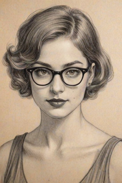 Sublime Dylan Gelula, pencil sketch, portrait of Alluring woman 1929s in glasses, hair style beatnik, outline, clear lines, fine lines, 8k