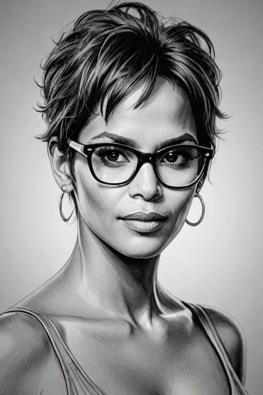 Fetching Halle Berry, pencil sketch, portrait of Enchanting woman 1944s in glasses, hair style beatnik, outline, clear lines, fine lines, 8k