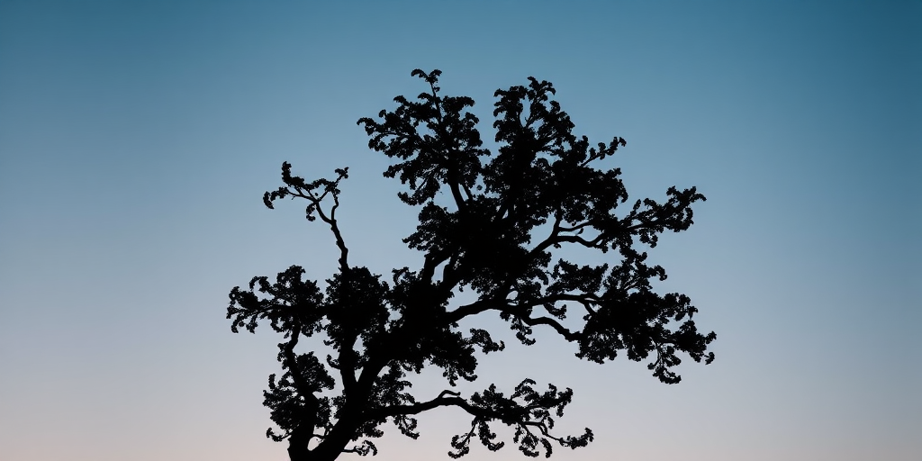 Create a high-resolution image of a black silhouette of a tree with a clear sky background, captured with a DSLR camera at f/8 aperture, ISO 100, 50mm lens, 1/250 sec shutter speed, in a wide-angle view.